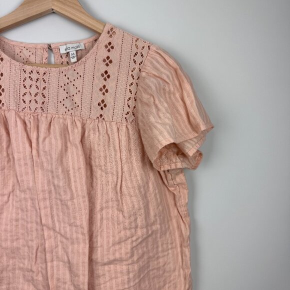 Ella Moss Brianne Eyelet Blouse Women M Medium Pink Flutter Sleeves Keyhole Back - Picture 3 of 7
